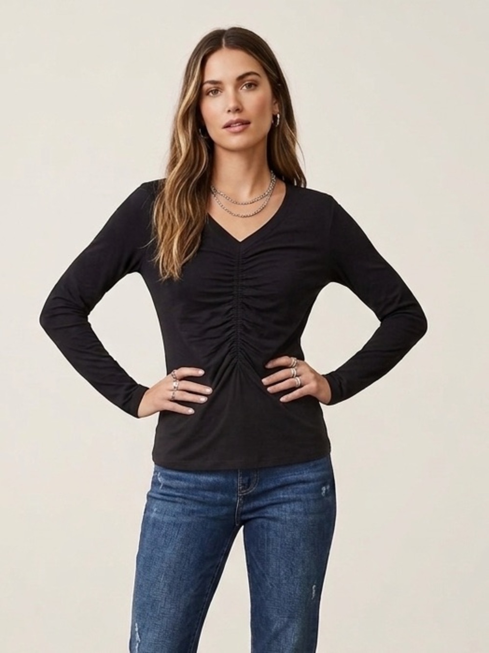 Loft Black Long Sleeve V Neck T Shirt- Fitted, Lightweight, Ruched Front